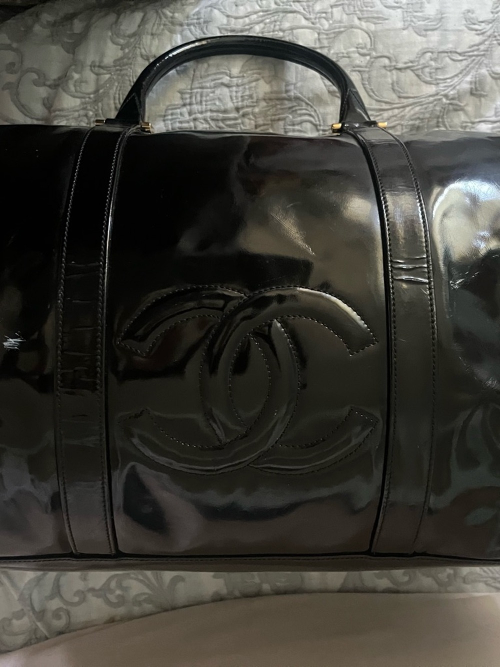 💯 Authentic Vintage Chanel Black Patent Leather Duffle Bag Oversized90s CC logo